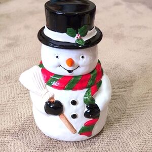 Vintage "Celebrate The Season" Ceramic Snowman Winter Holiday Cookie Jar